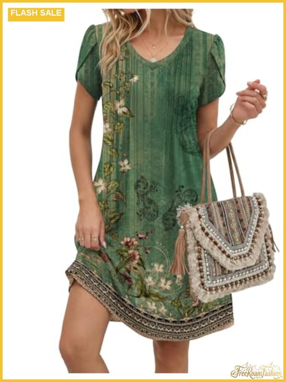 Women's Casual A-Line Sundress Floral Boho Knee Length Pleated V-Neck